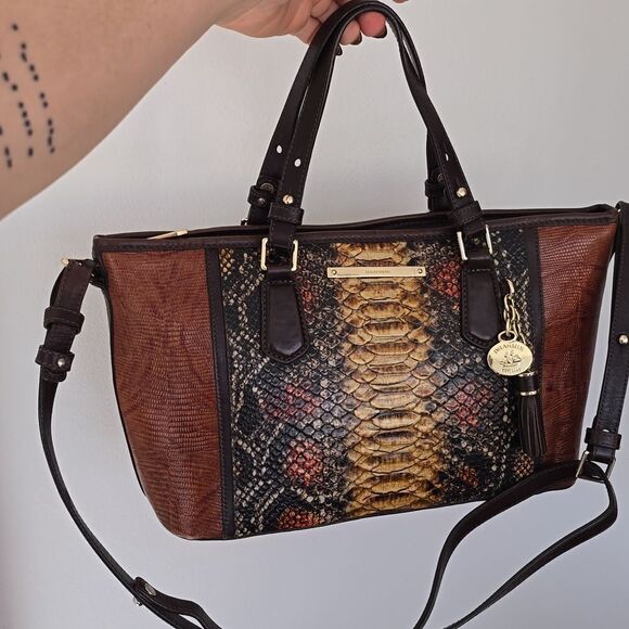 Brahmin | Mini Asher Brown Tyndal Snake Lizard Smooth Leather Satchel - Picture 3 of 16